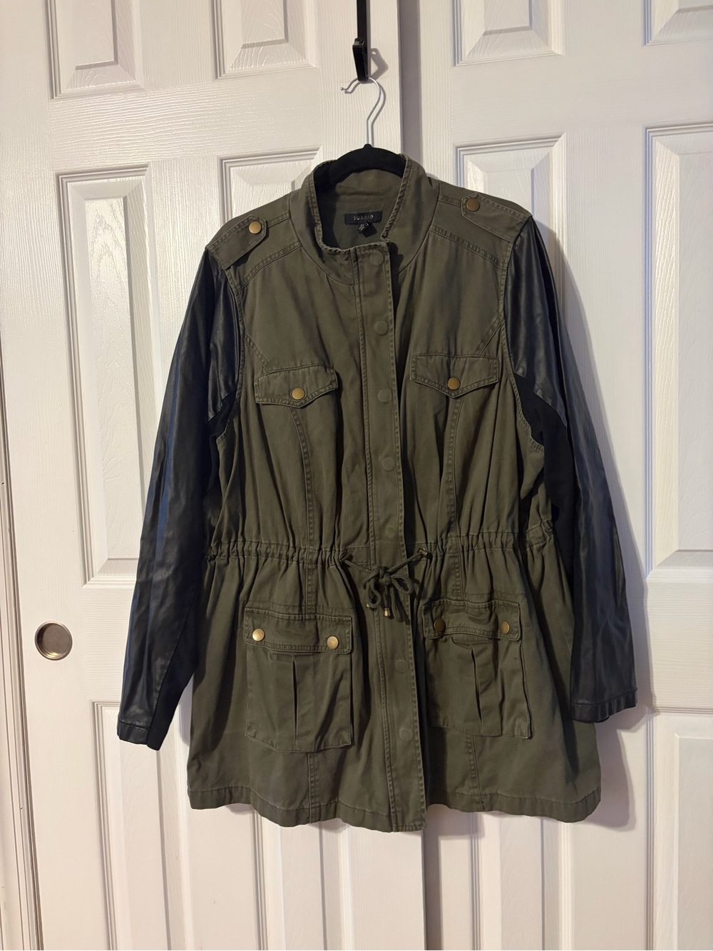 Torrid Olive Green Utility Jacket With Black Faux-Leather & Fabric Sleeves